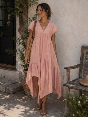 Zara TRF Pink Gold Lurex Boho Tiered Maxi Dress Cottagecore Festival Size S